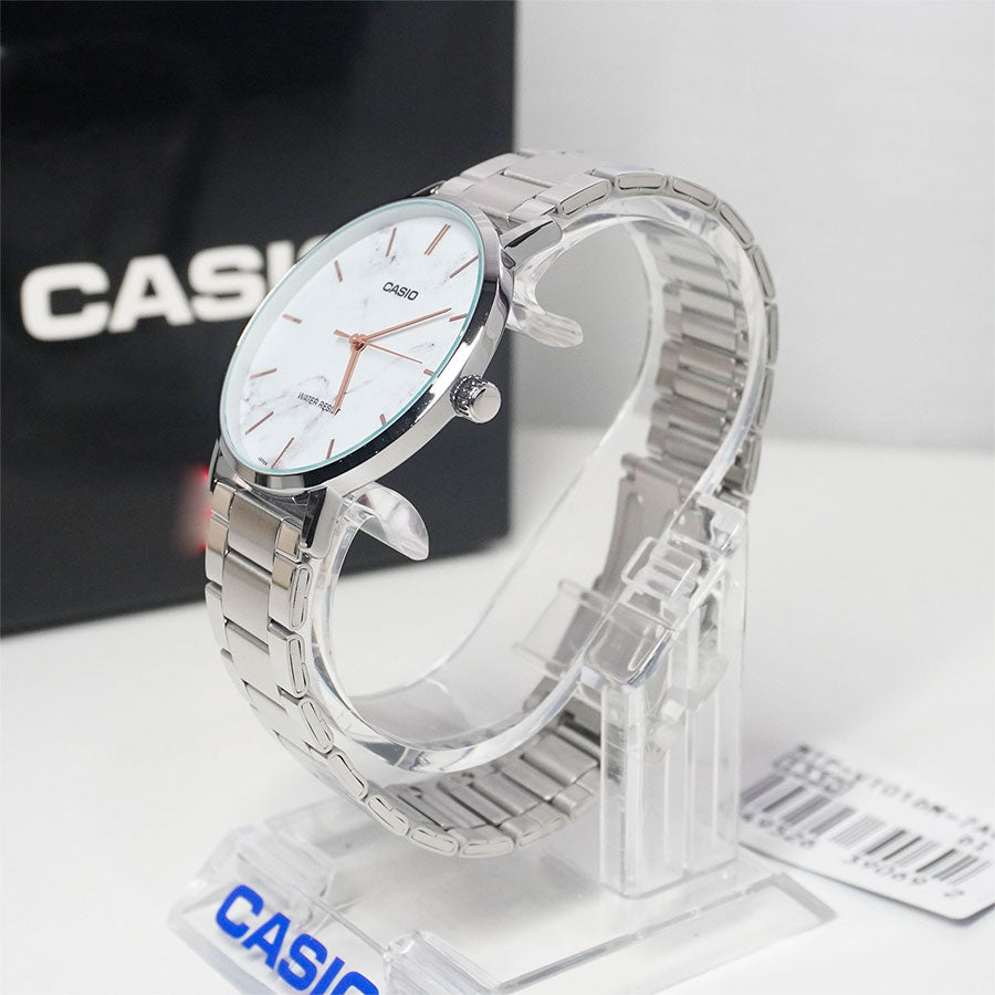 CASIO MTP-VT01DM-7AUDF Men’s Analog Watch – Silver Stainless Steel, White Dial, Ultra-Slim Quartz Design, Classic Dress Watch, Water Resistant
