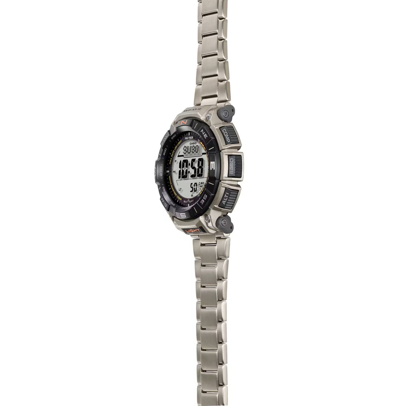 Casio Pro Trek PRG-340T-7DR Men's Solar Outdoor Watch, Triple Sensor (Altimeter, Barometer, Compass), Titanium Band, Tough Solar Power, 100M Water Resistant
