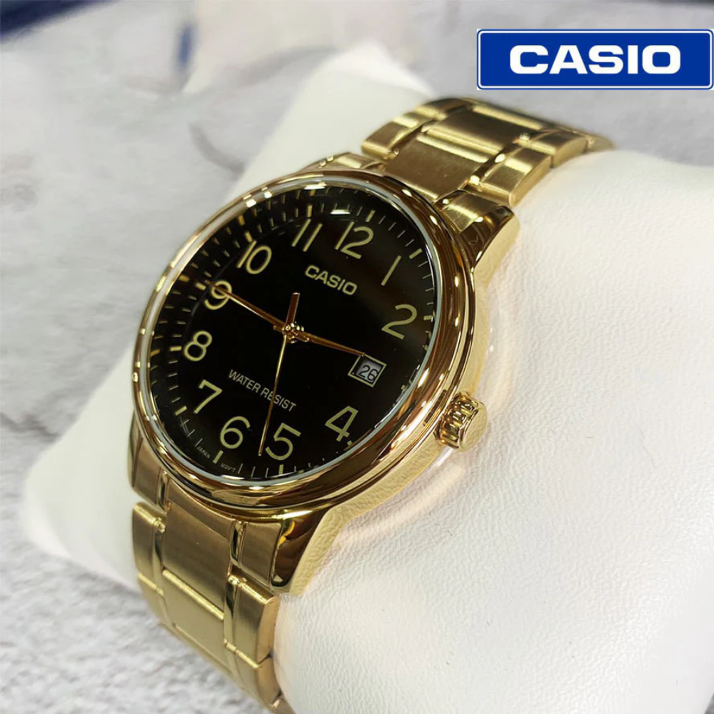CASIO MTP-V002G Series Standard Analog Men’s Watch – Gold Stainless Steel Case & Band, Date Display, Quartz Movement, 30M Water Resistance, Mineral Glass – Men’s Classic Dress Watch