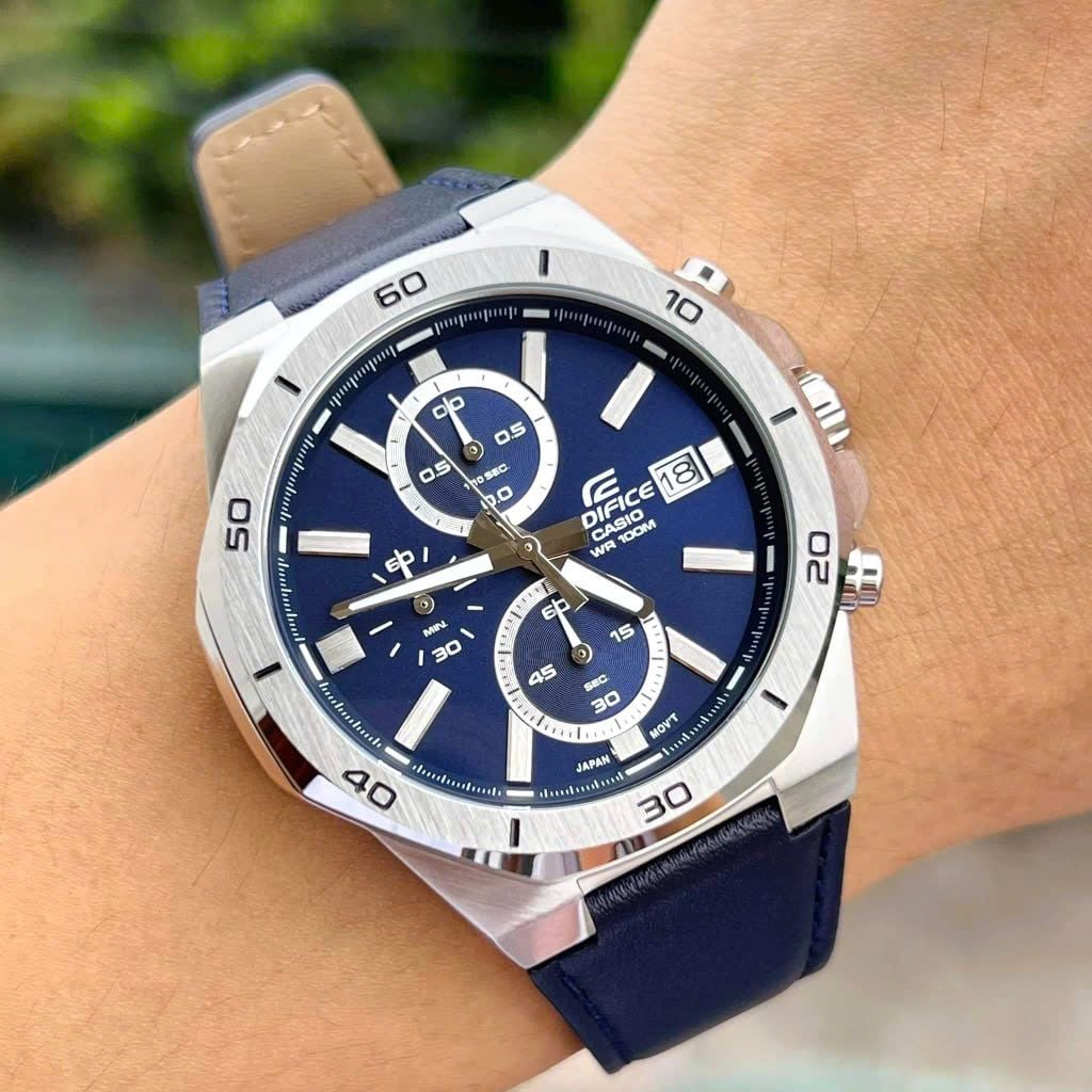 CASIO EDIFICE EFV-640L-2AVUDF Chronograph Watch for Men with Genuine Leather Band and Blue Dial Silver