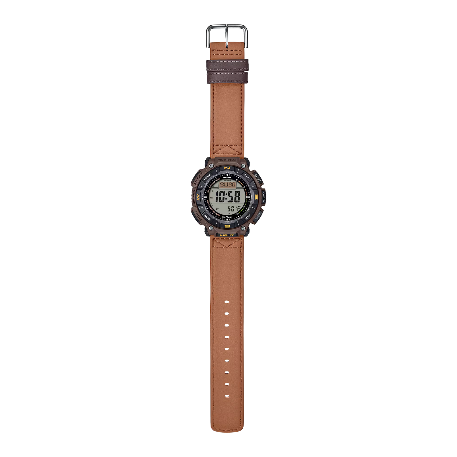 CASIO PROTREK PRG-340L-5DR Solar Powered Men’s Watch, Triple Sensor, 200M Water Resistant, Brown Leather Strap