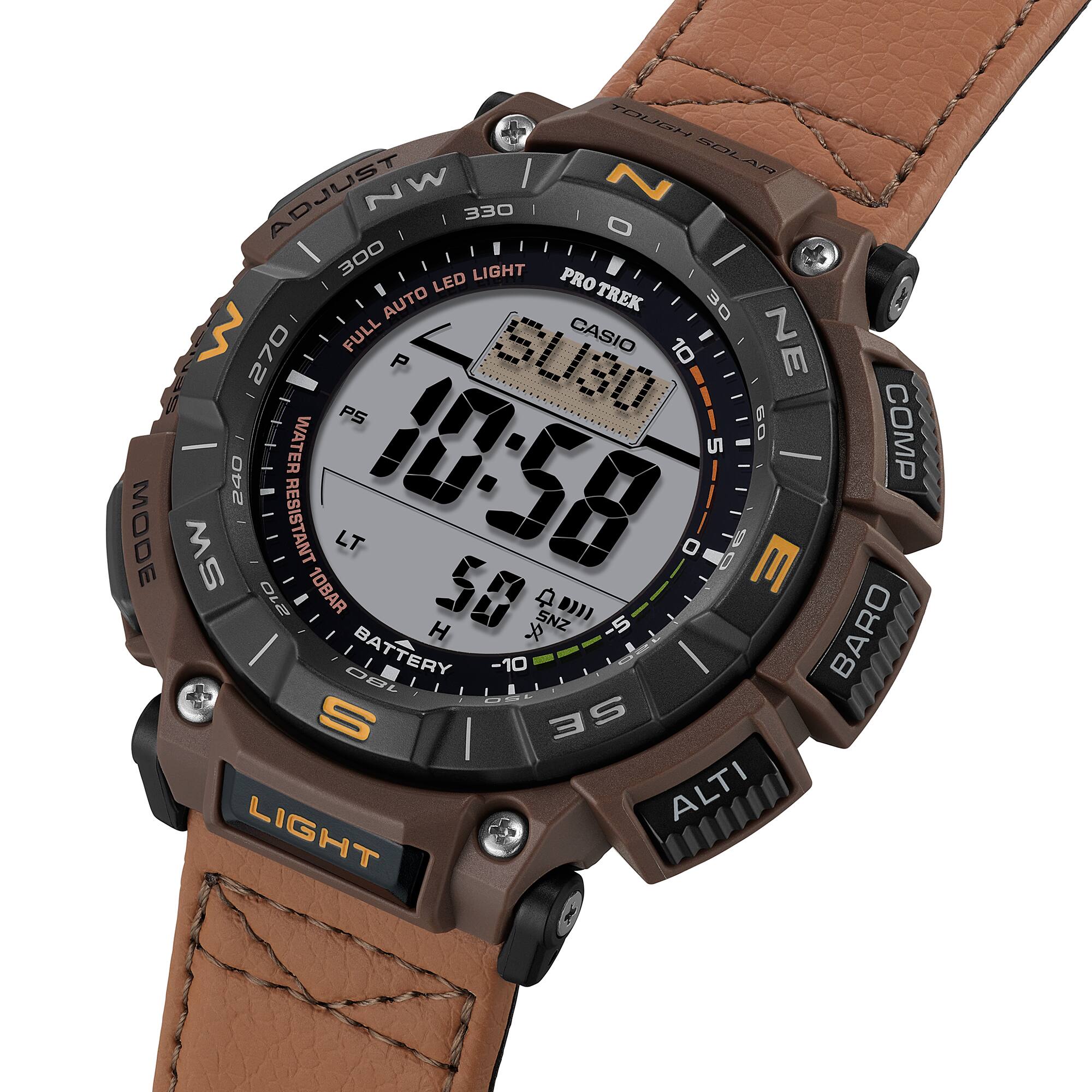 Casio PRO TREK PRG-340L-5DR Men’s Solar Triple Sensor Brown Field Watch, Tough Solar, 100M Water Resistant