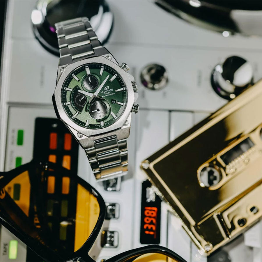 CASIO EDIFICE EFS-S570D-3AUDF Solar Powered Chronograph Watch for Men with Stainless Steel Band and Green Dial Silver
