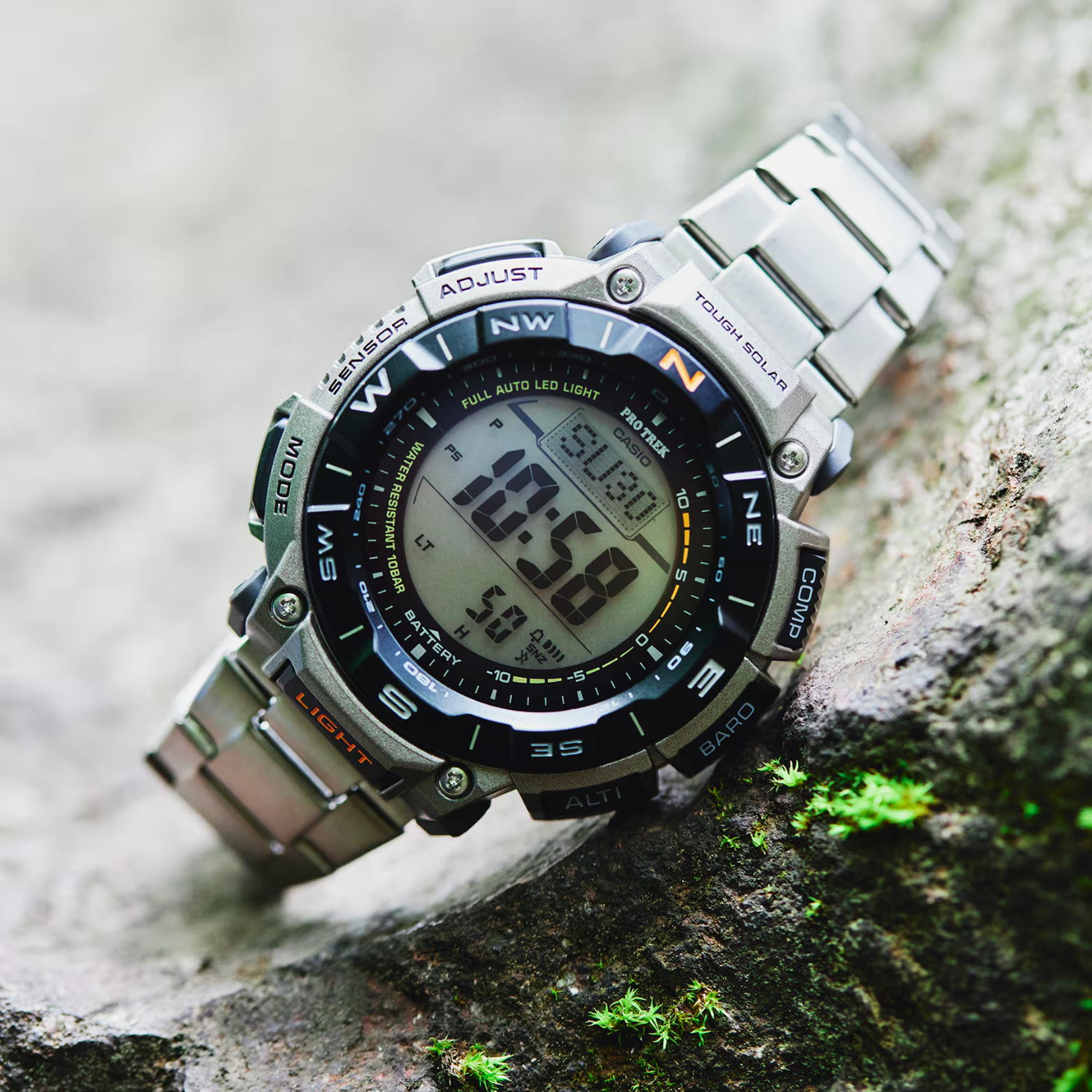 Casio Pro Trek PRG-340T-7DR Men's Solar Outdoor Watch, Triple Sensor (Altimeter, Barometer, Compass), Titanium Band, Tough Solar Power, 100M Water Resistant