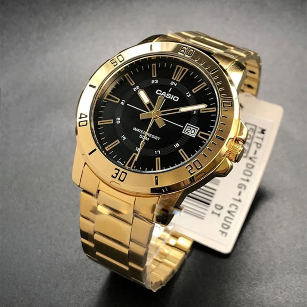 CASIO MTP-VD01G Series Standard Analog Men’s Watch – Gold Stainless Steel Case & Band, Black Dial, Date Display, Quartz Movement, 50M Water Resistance, Mineral Glass – Men’s Luxury Classic Watch