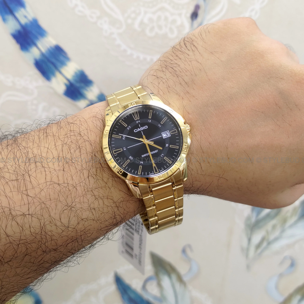 CASIO MTP-V004G Series Standard Analog Men’s Watch – Gold Stainless Steel Case & Band, Date Display, Quartz Movement, 50M Water Resistance, Mineral Glass – Men’s Luxury Classic Dress Watch