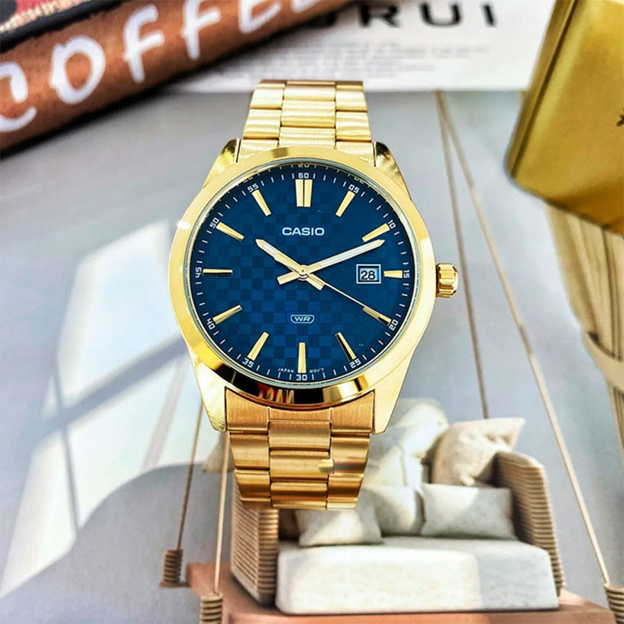 CASIO MTP-VD03G Series Standard Analog Men’s Watch – Gold Stainless Steel Case & Band, Date Display, Quartz Movement, 50M Water Resistance, Mineral Glass – Men’s Luxury Classic Watch