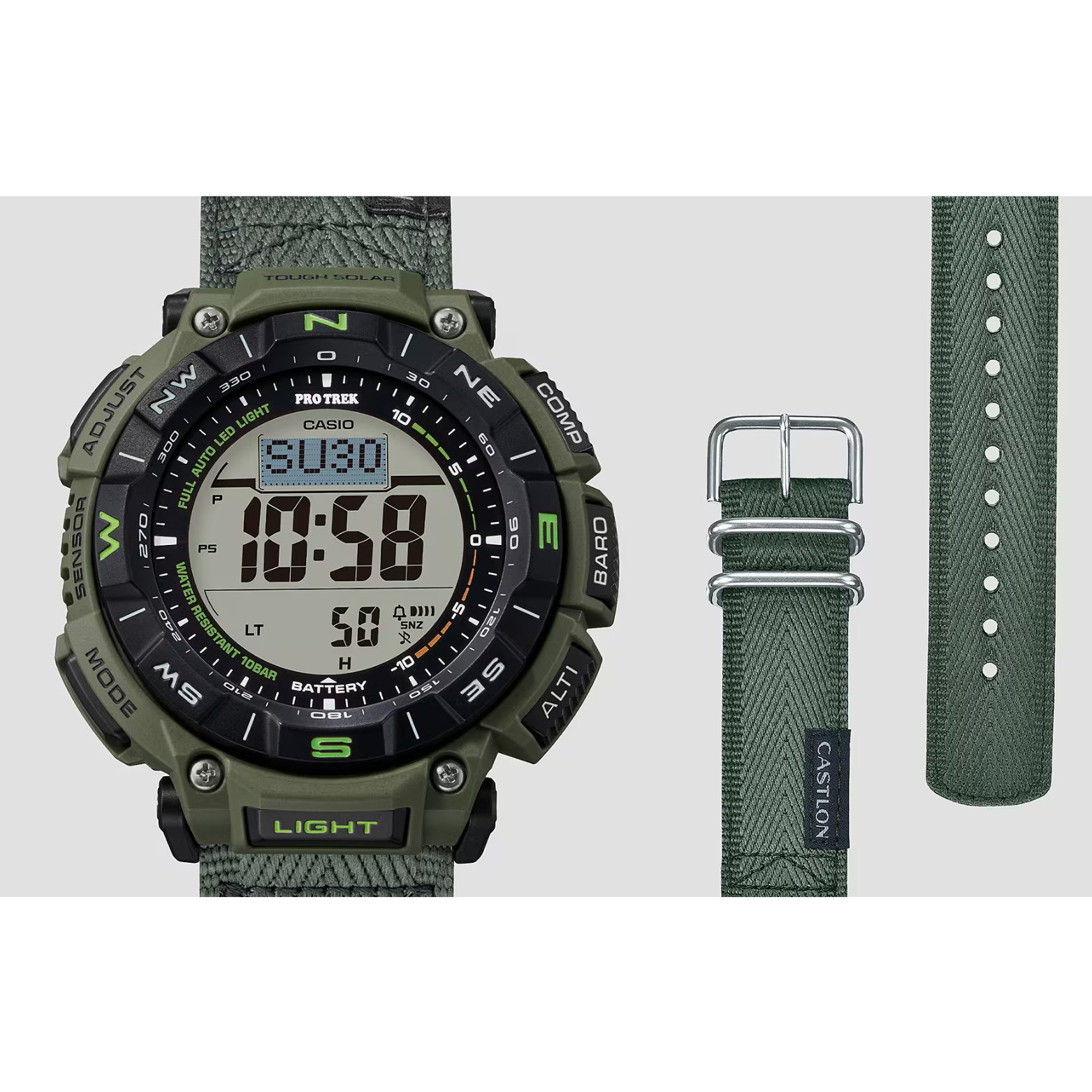 CASIO PROTREK PRG-340B-3DR Solar Powered Men’s Watch, Triple Sensor, 200M Water Resistant, Green Resin Strap