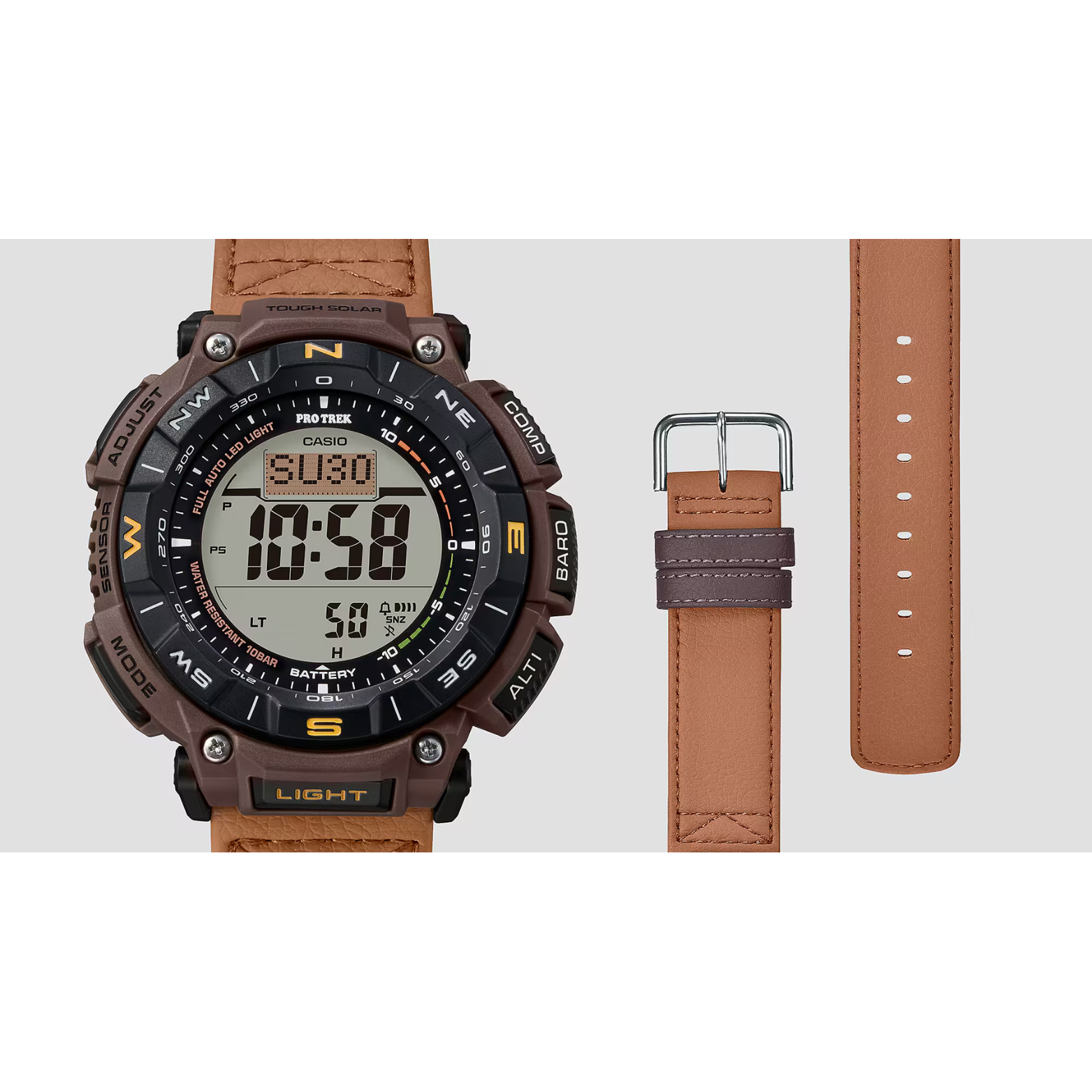 CASIO PROTREK PRG-340L-5DR Solar Powered Men’s Watch, Triple Sensor, 200M Water Resistant, Brown Leather Strap