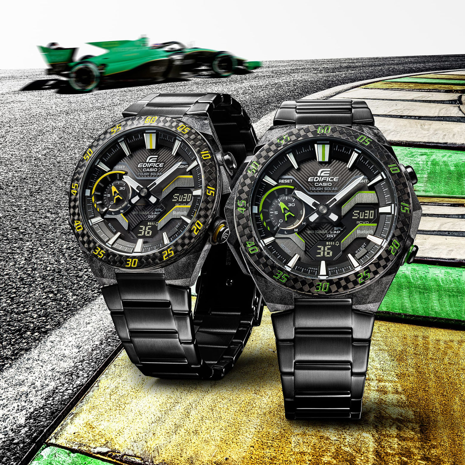 CASIO EDIFICE ECB-2200RC-1A9DF Solar Powered Bluetooth Chronograph Watch for Men with Carbon Bezel and Stainless Steel Band Black/Yellow