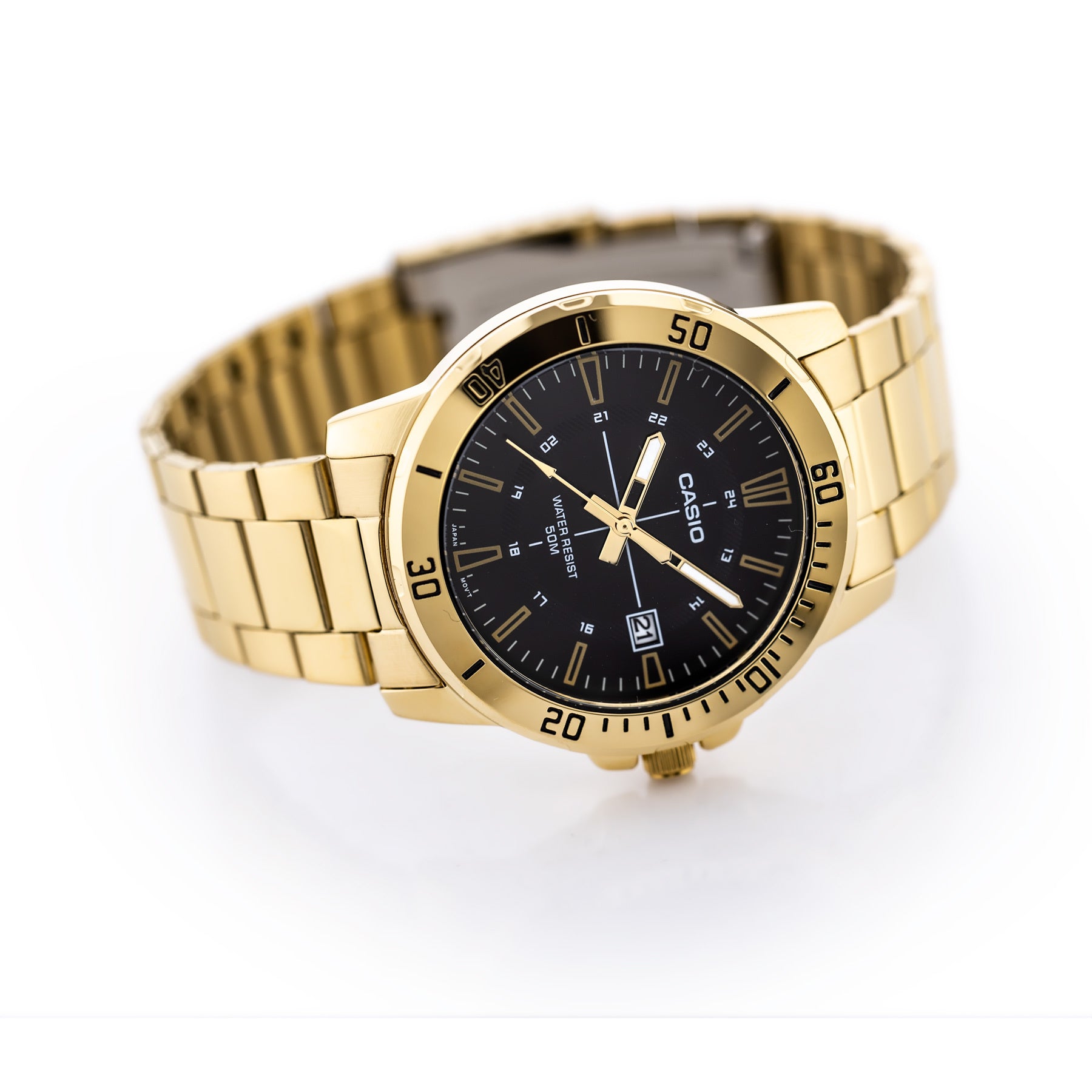 CASIO MTP-VD01G Series Standard Analog Men’s Watch – Gold Stainless Steel Case & Band, Black Dial, Date Display, Quartz Movement, 50M Water Resistance, Mineral Glass – Men’s Luxury Classic Watch