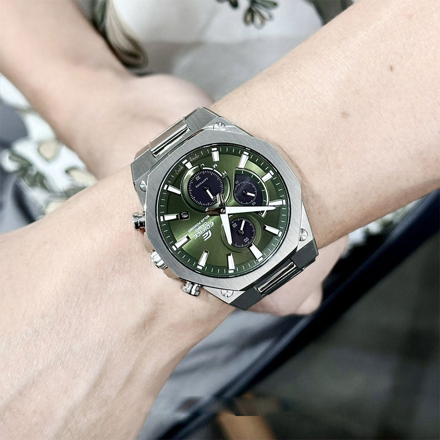 CASIO EDIFICE EFS-S570D-3AUDF Solar Powered Chronograph Watch for Men with Stainless Steel Band and Green Dial Silver