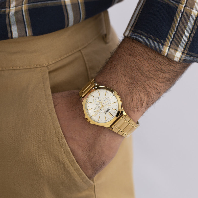 CASIO MTP-V300G Series Men’s Analog Watch – Gold-Tone Stainless Steel, Multi-Dial Design, Classic Quartz Movement