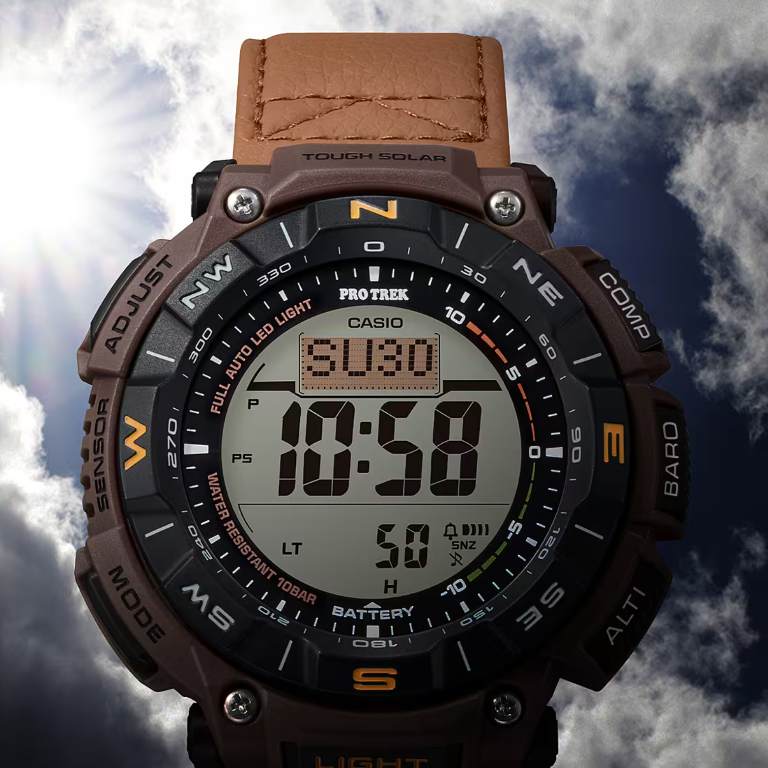 CASIO PROTREK PRG-340L-5DR Solar Powered Men’s Watch, Triple Sensor, 200M Water Resistant, Brown Leather Strap