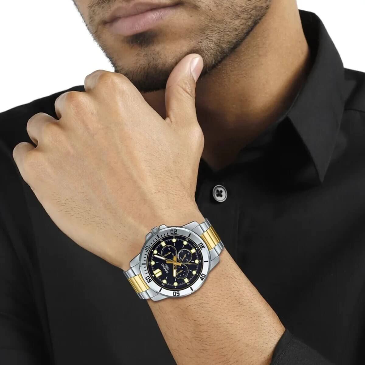 CASIO MTP-VD300SG-1EUDF Standard Analog Men’s Watch – Two-Tone Stainless Steel Band, Black Dial, Day & Date Display, Quartz Movement, 50M Water Resistance, Mineral Glass – Men’s Classic Business Watch