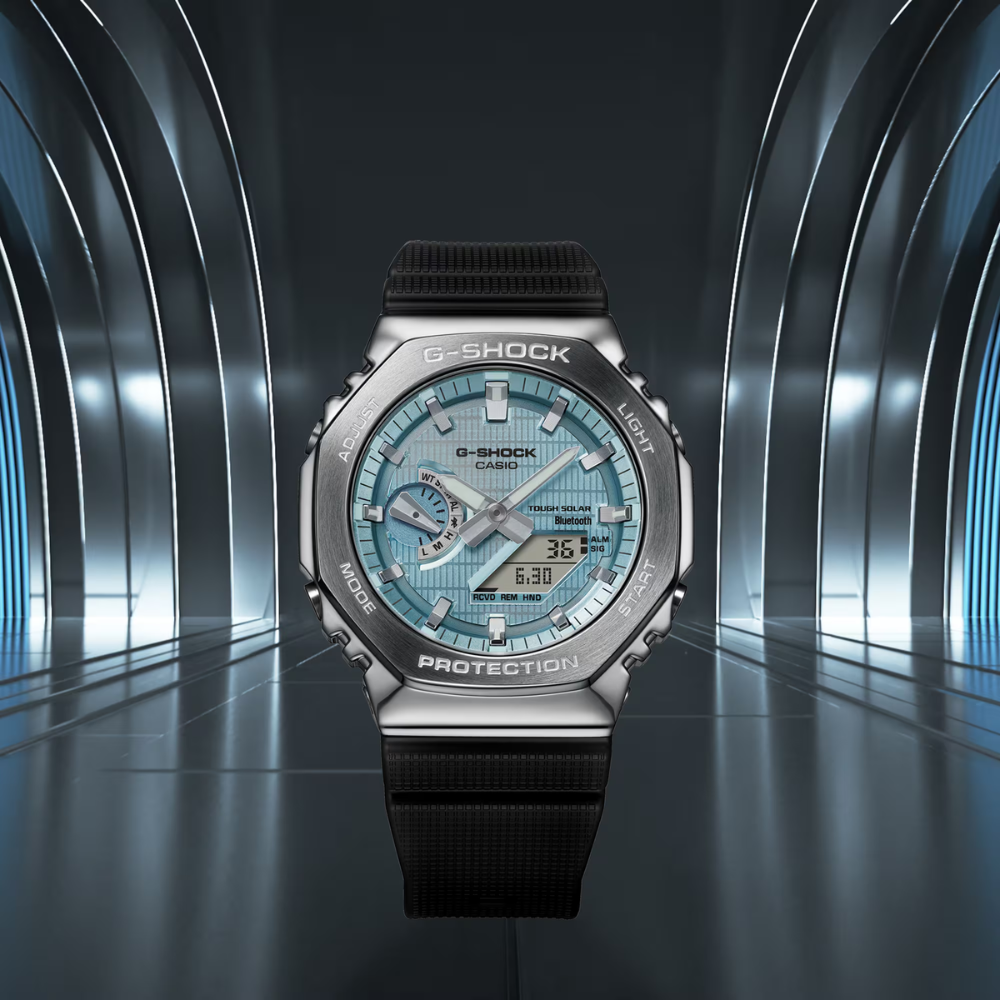 Casio G-SHOCK GBM-2100A-1A2DR Men’s Analog-Digital Metal Covered Ice Blue Dial Watch, Bluetooth, Tough Solar, 200M Water Resistant