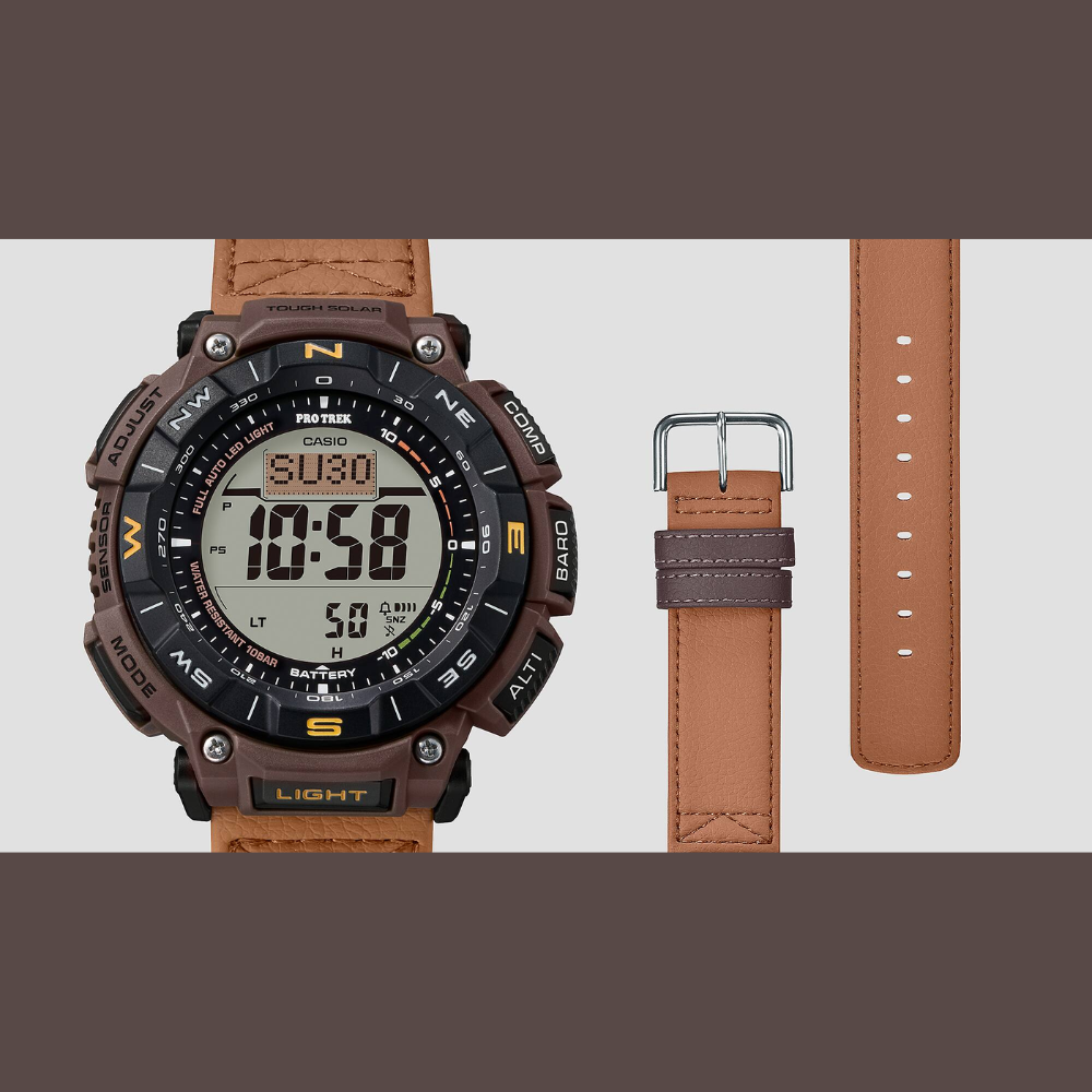 Casio PRO TREK PRG-340L-5DR Men’s Solar Triple Sensor Brown Field Watch, Tough Solar, 100M Water Resistant