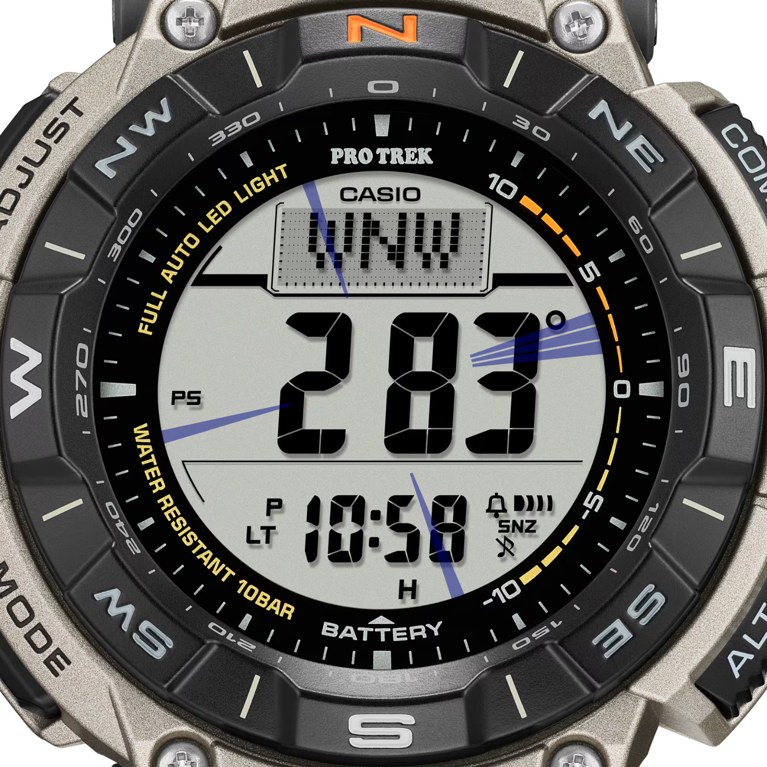 Casio Pro Trek PRG-340T-7DR Men's Solar Outdoor Watch, Triple Sensor (Altimeter, Barometer, Compass), Titanium Band, Tough Solar Power, 100M Water Resistant