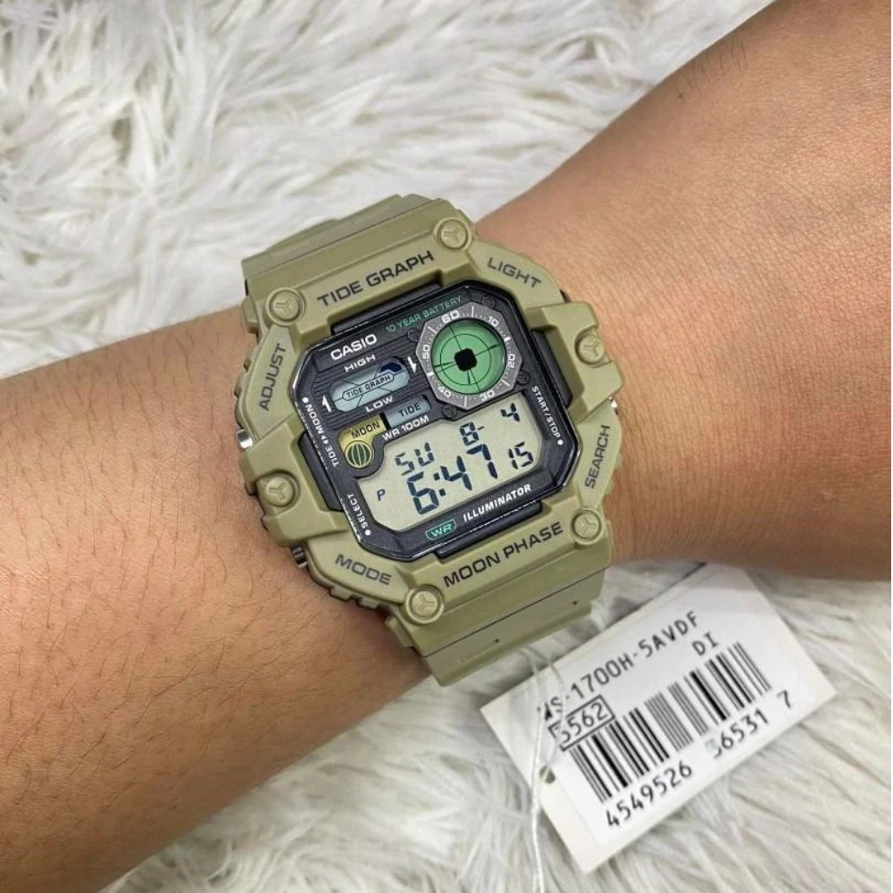 CASIO WS-1700H Series Digital Sports Watch – 10-Year Battery, Tide Graph, Moon Phase, World Time, LED Backlight, 100M Water Resistance, Stopwatch & Alarm – Outdoor Men's Watch