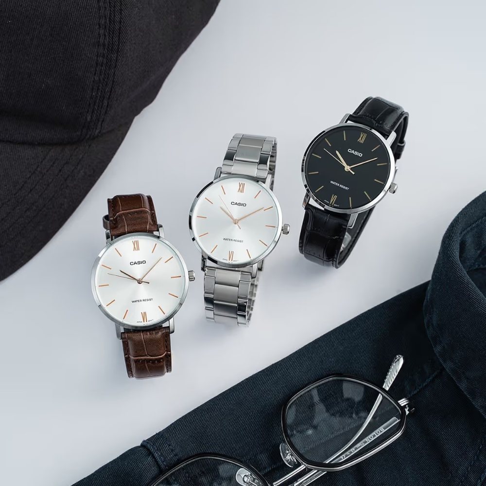 CASIO MTP-VT01L Series Standard Analog Men’s Watch – Slim Stainless Steel Case, Genuine Leather Band, Quartz Movement, 50M Water Resistance, Mineral Glass – Men’s Classic Business & Casual Watch