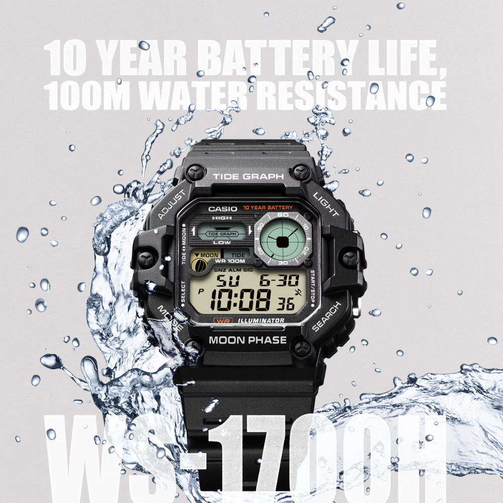 CASIO WS-1700H Series Digital Sports Watch – 10-Year Battery, Tide Graph, Moon Phase, World Time, LED Backlight, 100M Water Resistance, Stopwatch & Alarm – Outdoor Men's Watch