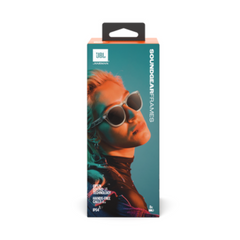 Packaging of JBL Soundgear smart frame glasses featuring a person wearing the glasses with a blue and orange design on the box.