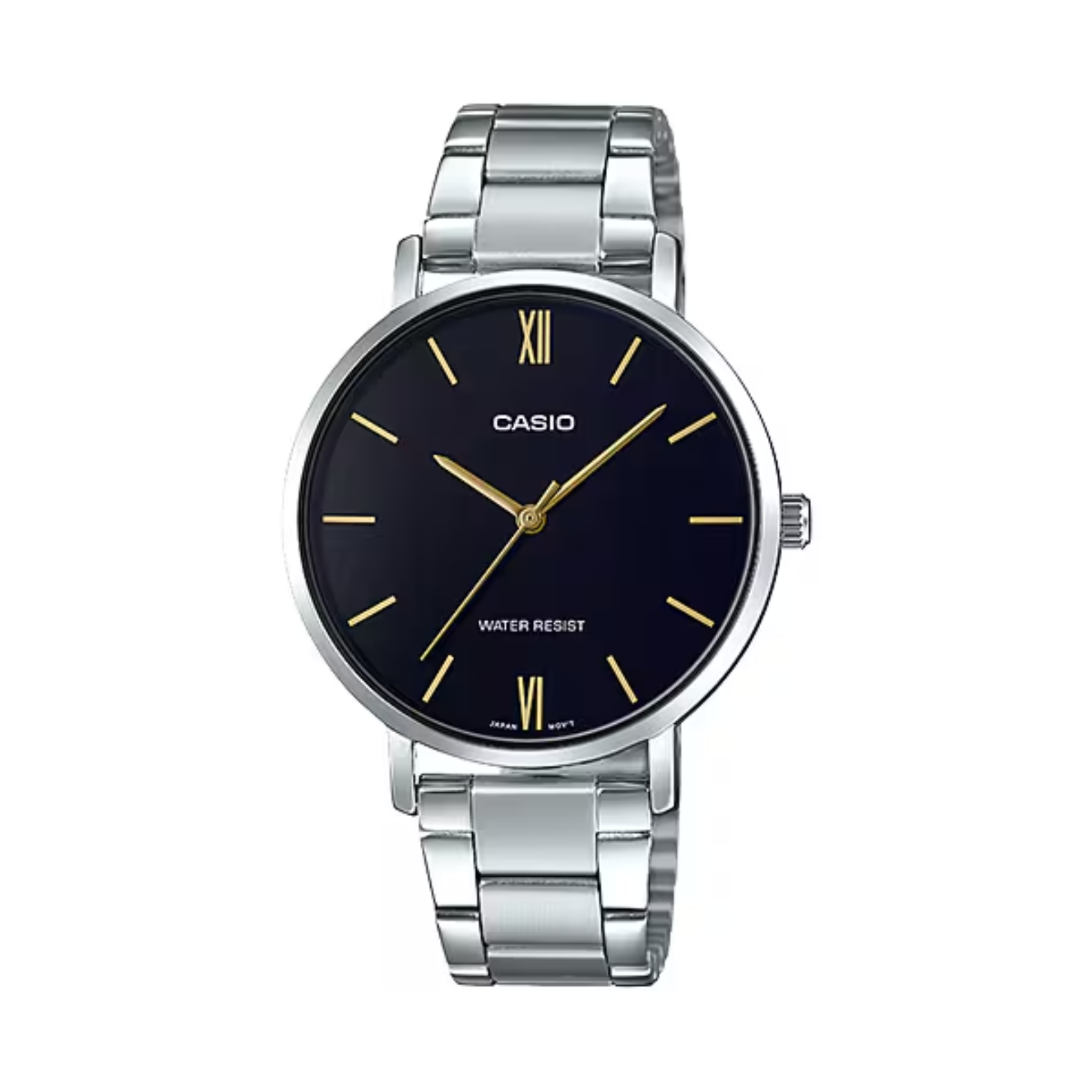 Casio watch with black face and silver band on a white background