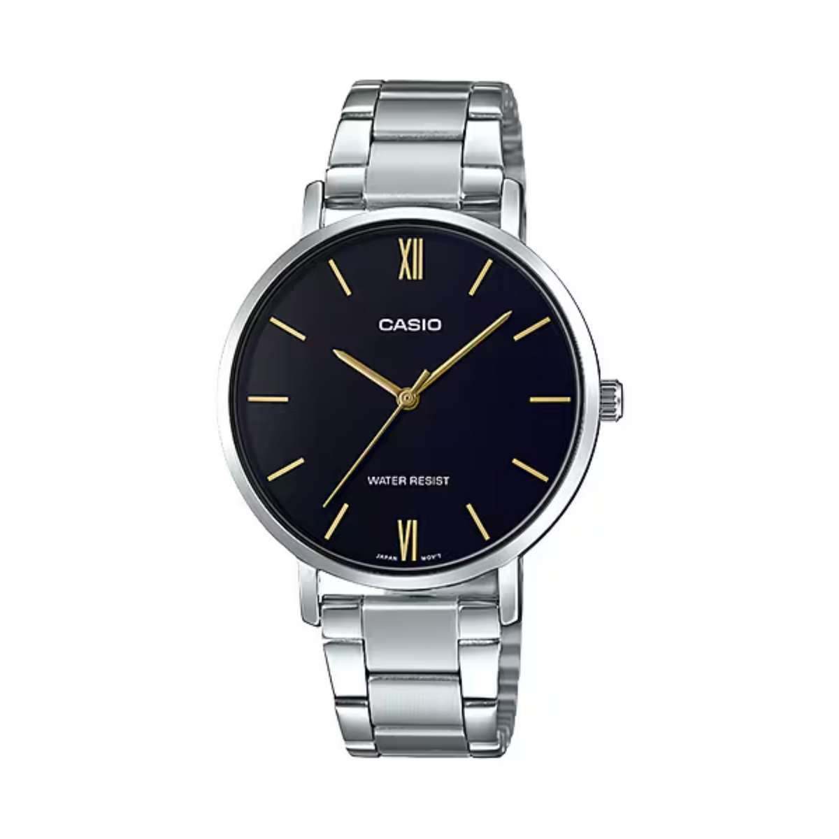 Casio watch with black face and silver band on a white background