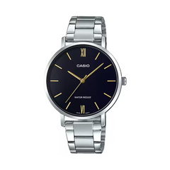 Casio watch with black face and silver band on a white background