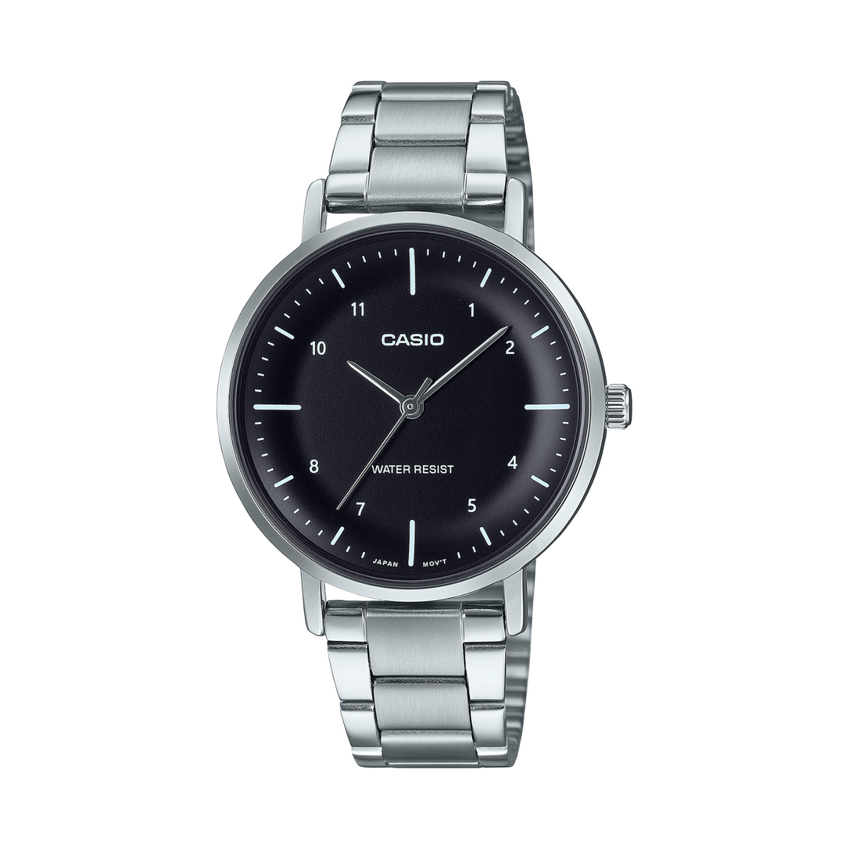 Casio watch with black dial and silver metal strap on a white background