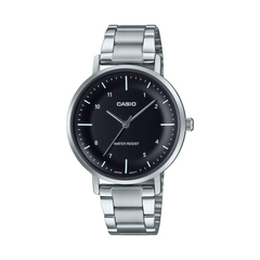 Casio watch with black dial and silver metal strap on a white background