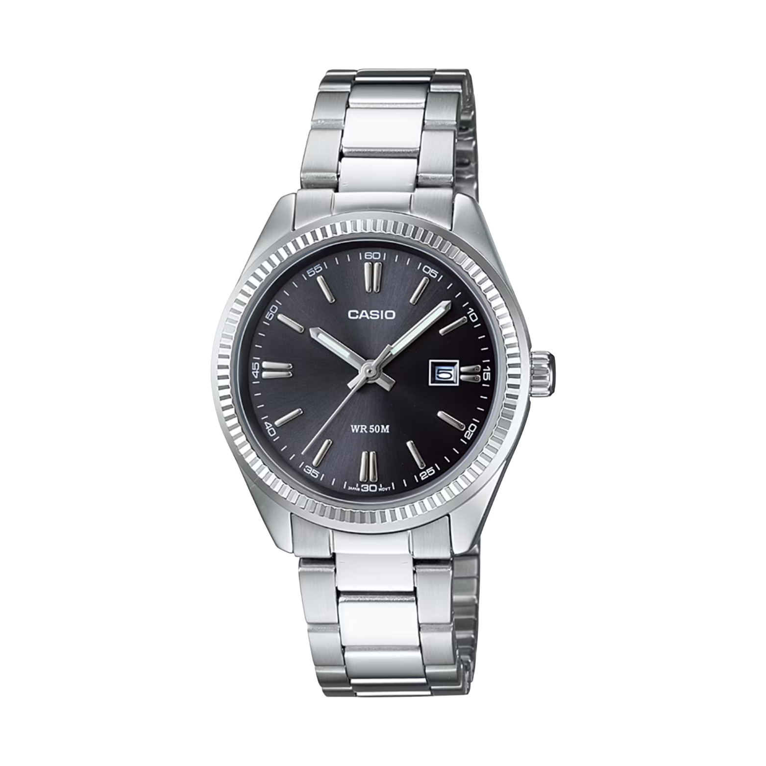 Casio watch with silver metal strap and black dial on a white background