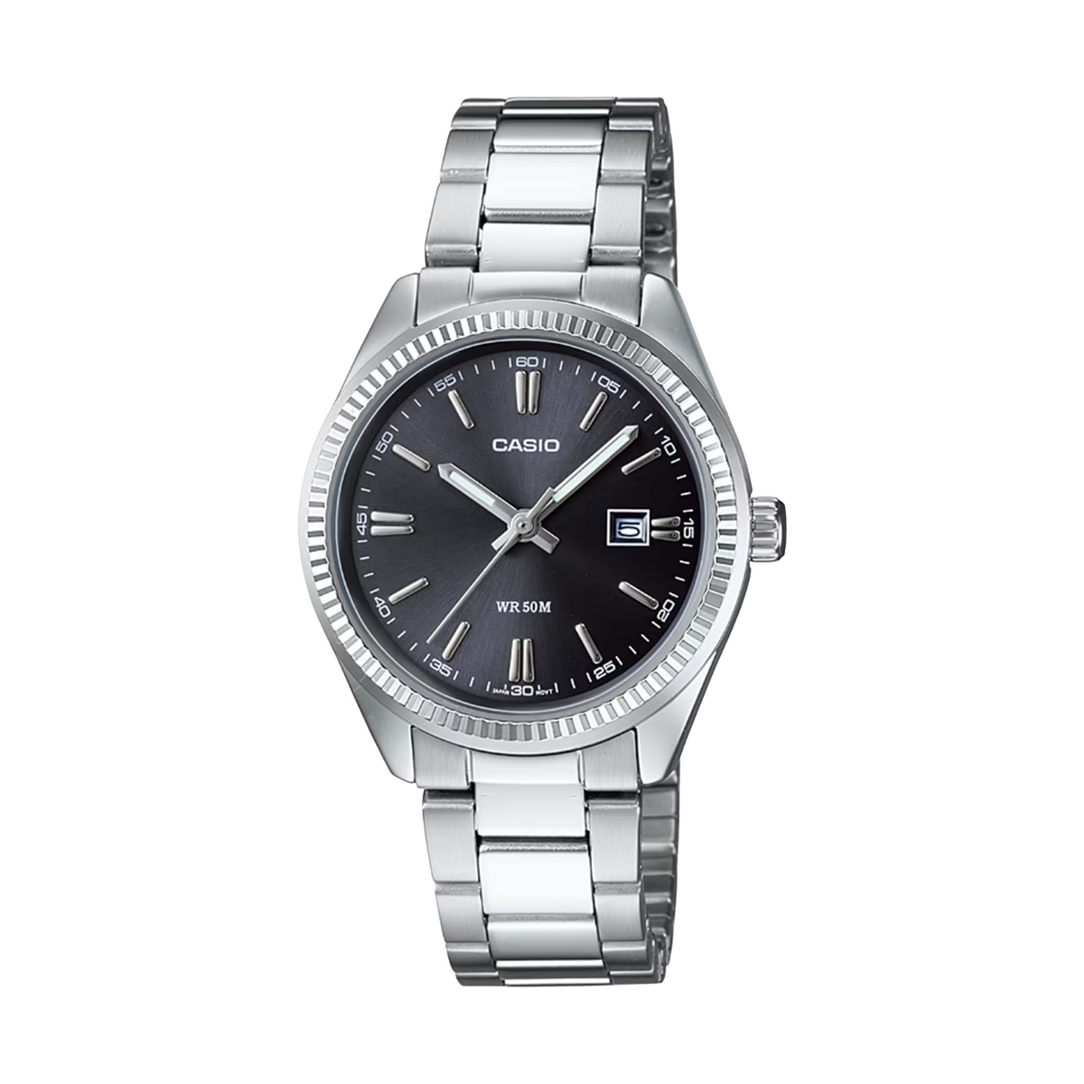 Casio watch with silver metal strap and black dial on a white background