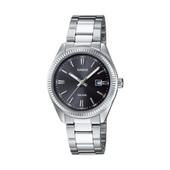 Casio watch with silver metal strap and black dial on a white background