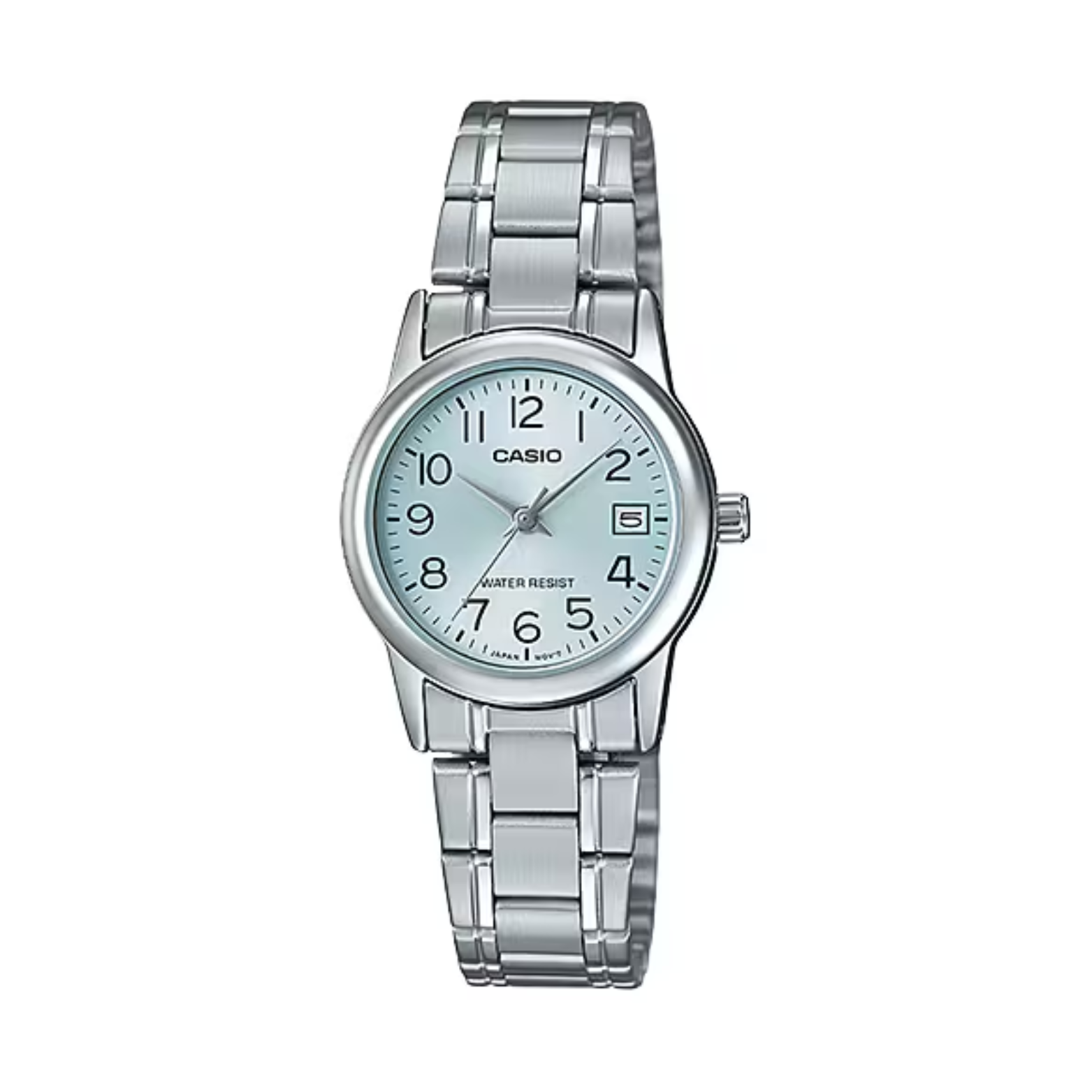 Silver Casio watch on a white background