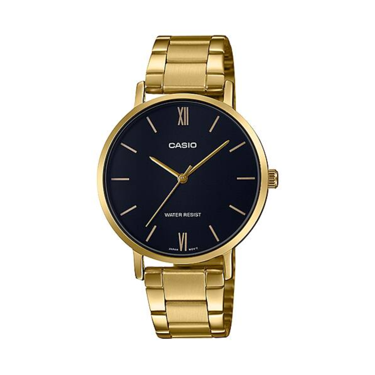 Gold Casio watch with black dial on a white background