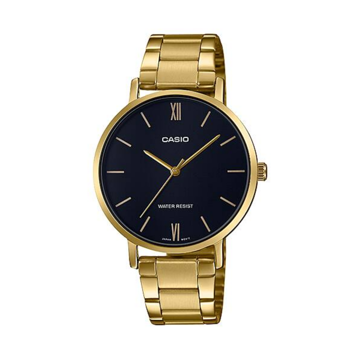 Gold Casio watch with black dial on a white background
