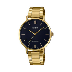 Gold Casio watch with black dial on a white background