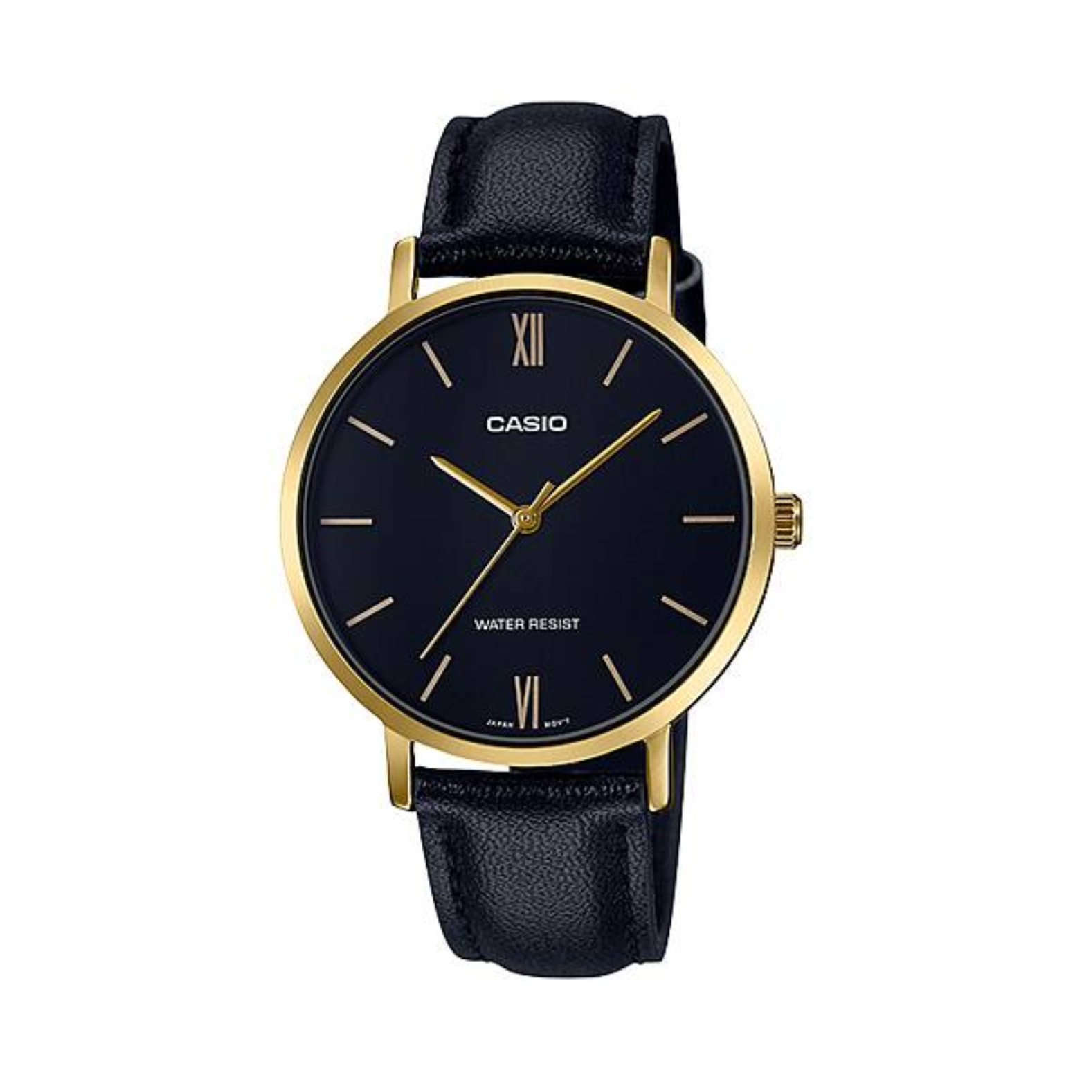 Casio watch with black face and leather strap on a white background