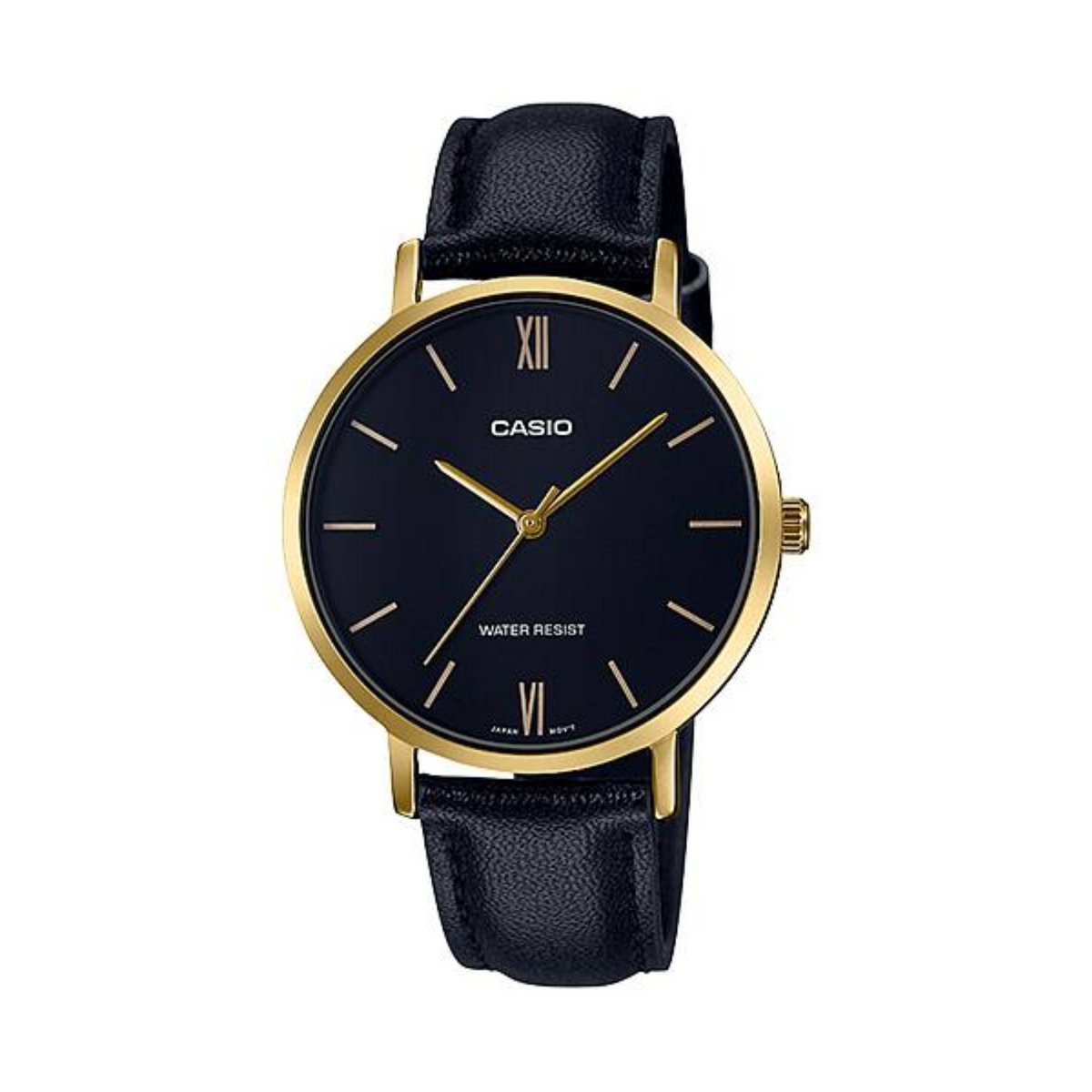 Casio watch with black face and leather strap on a white background