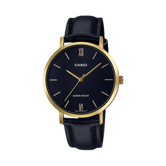 Casio watch with black face and leather strap on a white background