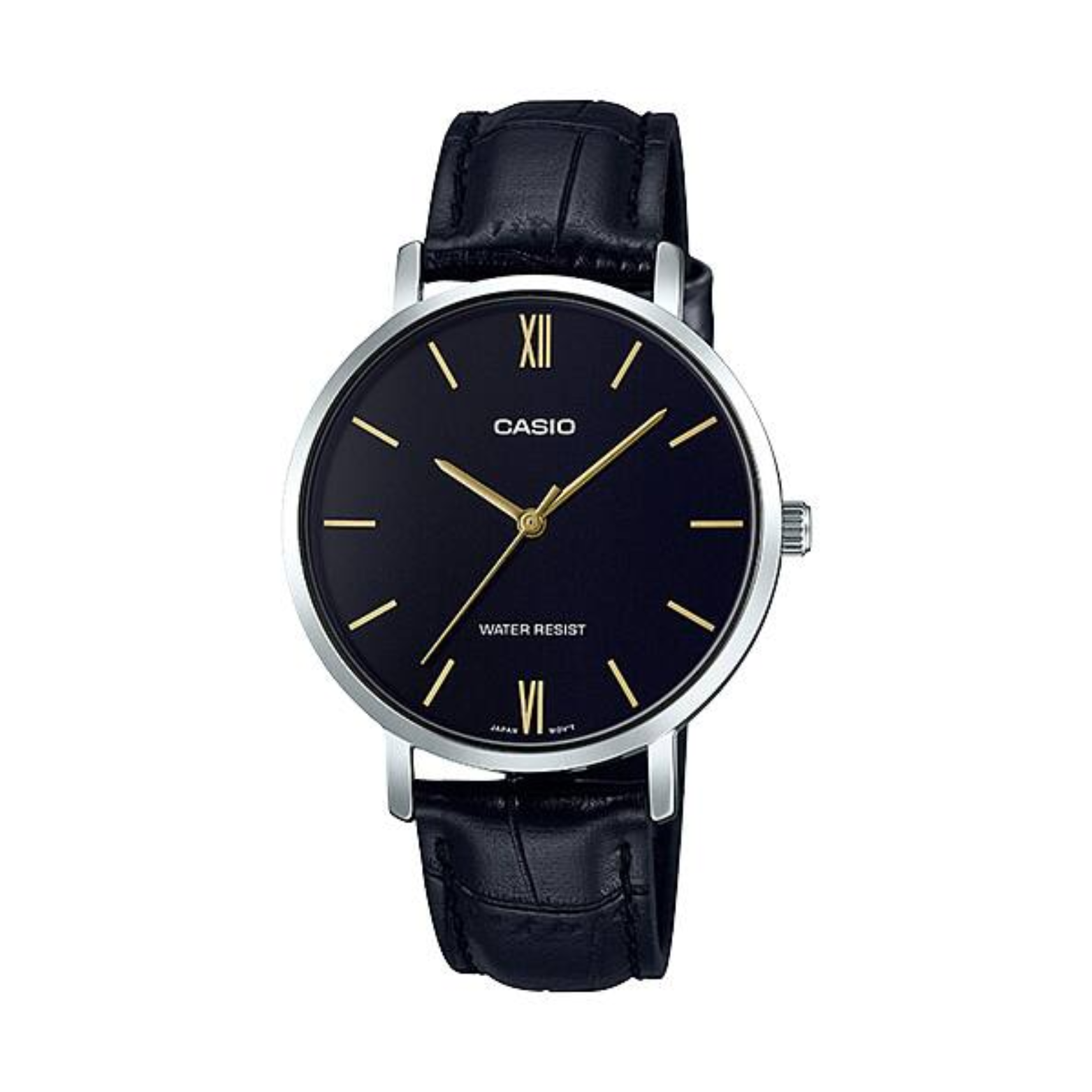 Casio watch with black leather strap and black dial on a white background