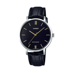 Casio watch with black leather strap and black dial on a white background