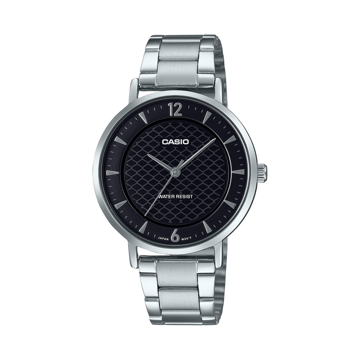 Casio watch with black dial and silver metal strap on a white background