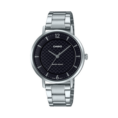 Casio watch with black dial and silver metal strap on a white background