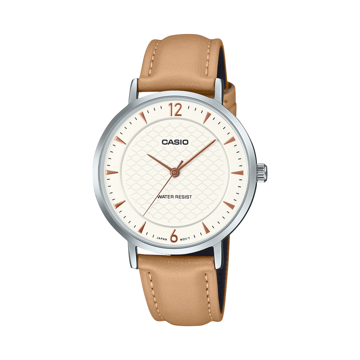 Casio watch with beige leather strap on a white background