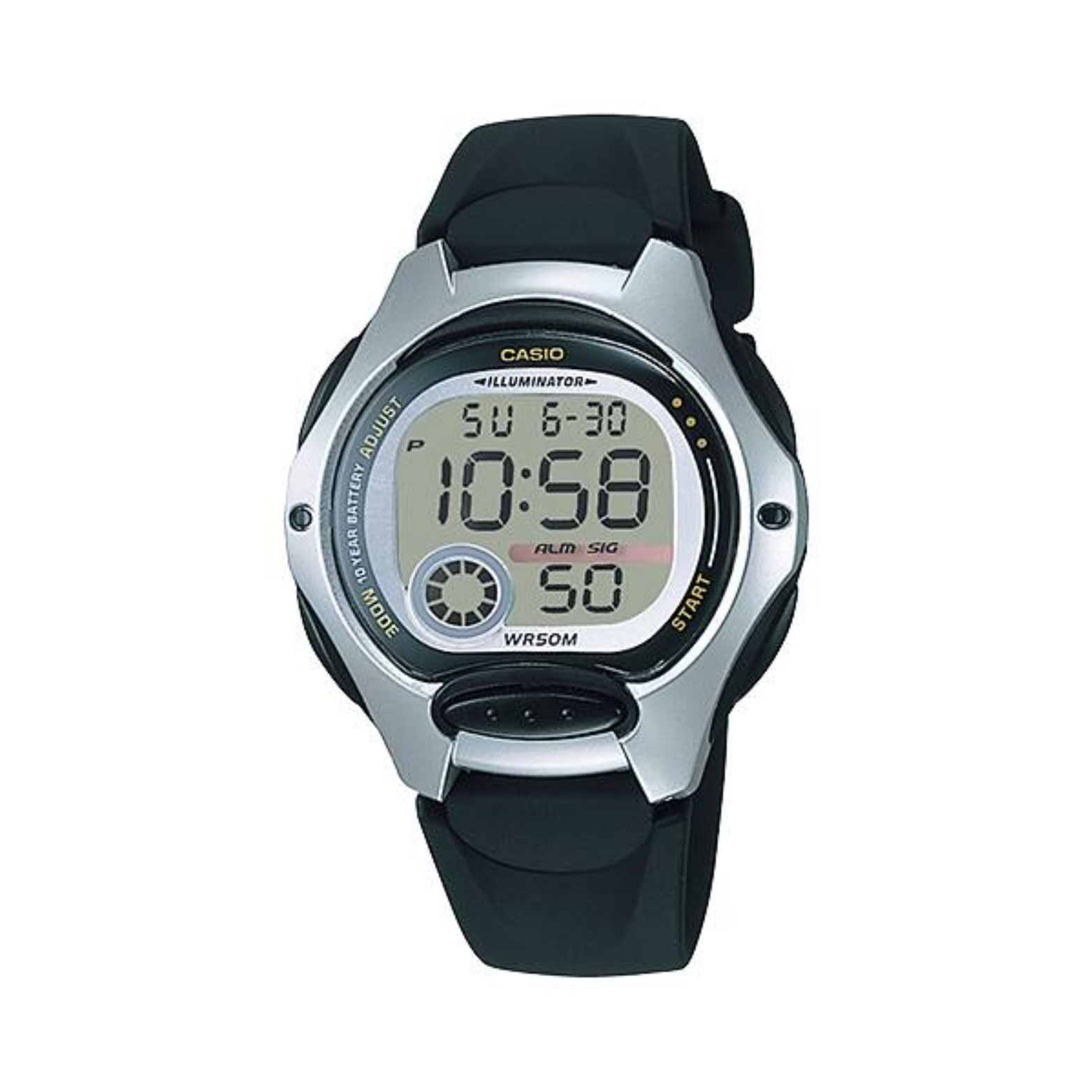 Digital watch with black strap and silver casing on a white background