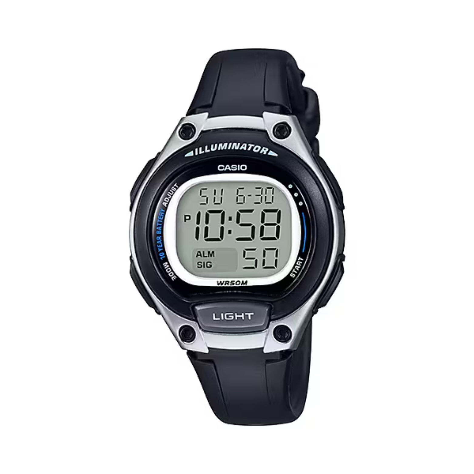 Digital watch with black strap on a white background