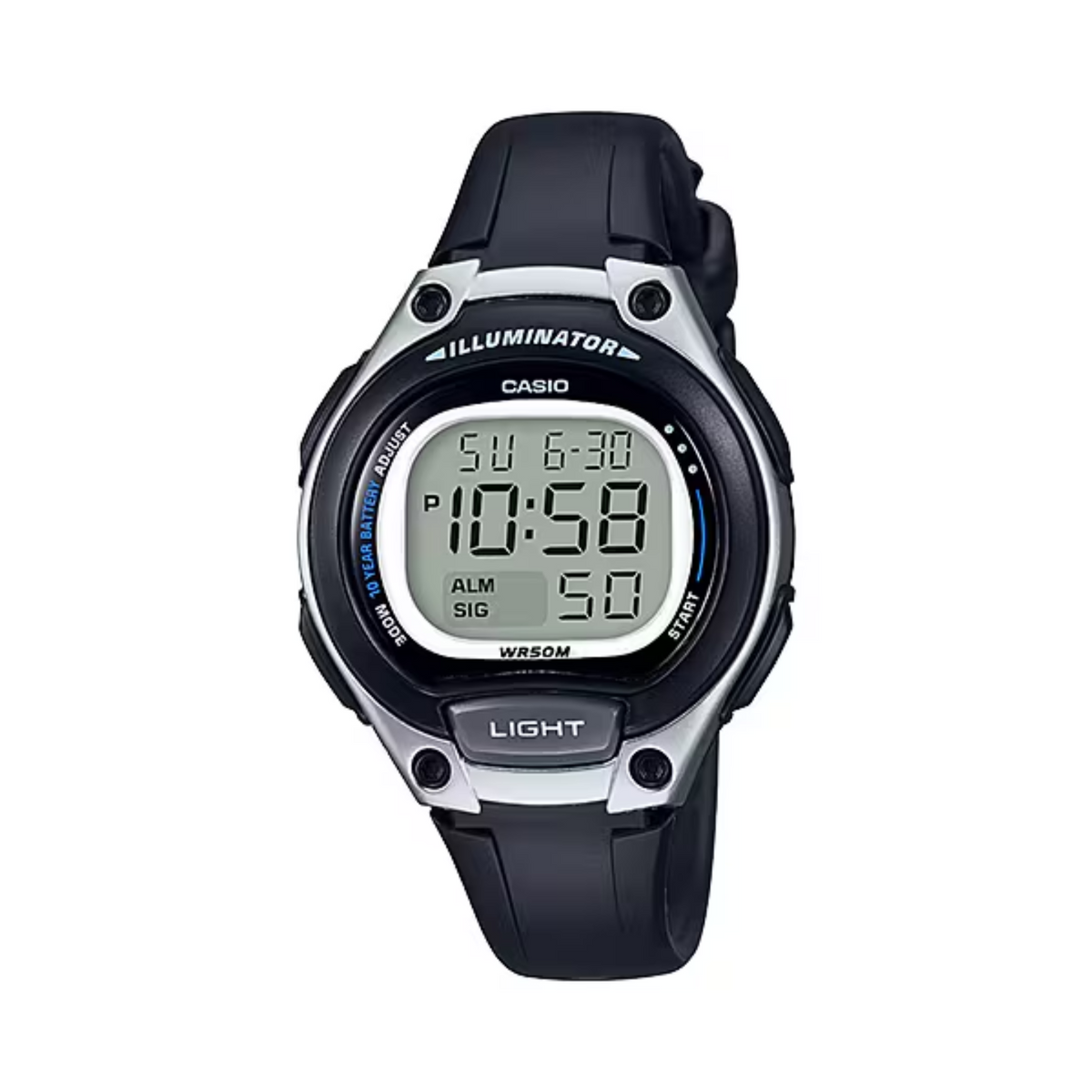 Digital watch with black strap on a white background