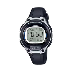 Digital watch with black strap on a white background